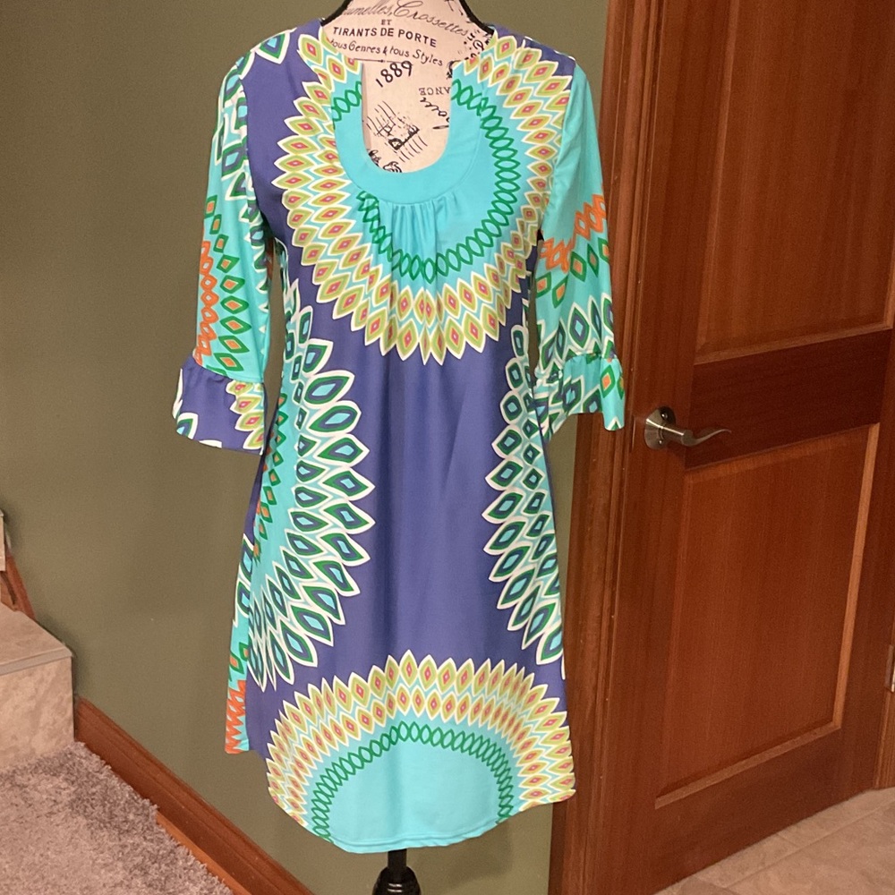 Aryeh Blue and Green Geometric Midi Dress, Size Small